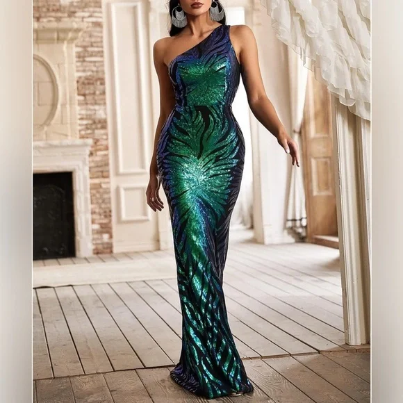 NWOT Elegant Sequin One-Shoulder Dress - Green and Blue large - Picture 2 of 11